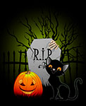 Black cat with glowing eyes next to a pumpkin and tombstone