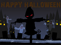 Halloween greeting with ghosts in a graveyard