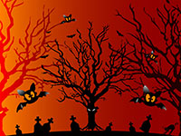 Halloween scene with bats flying around a bare tree and witches standing below