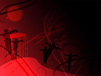 Abstract red background with silhouettes of people and modern design elements