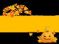 A digital illustration of a smiling pumpkin surrounded by autumn leaves on a black and yellow background.