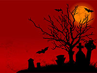 Halloween scene with bats and tombstones under a full moon