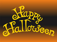 Happy Halloween written in a playful, yellow font on an orange and black gradient background.
