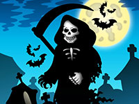 Grim Reaper holding a scythe with bats flying around him