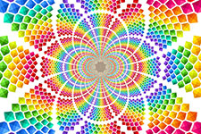 A vibrant, multicolored geometric pattern with a mosaic of small squares in a circular arrangement.