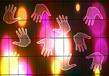 Neon hands reaching out in various directions against a dark background with colorful lights.