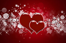 Two intertwined hearts on a red background with white stars and circles