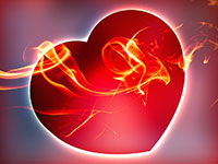 A red heart with flames swirling inside it