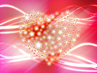 Glowing heart shape with particles on red background