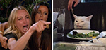Two women surprised by a cat stealing food from a table