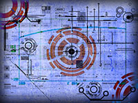 Futuristic app design template with technical diagrams and vibrant colors