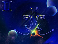 Illustration of Gemini zodiac sign with a face and celestial bodies