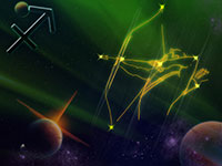 Sagittarius constellation with a centaur figure outlined in yellow lines against a green and purple cosmic background.