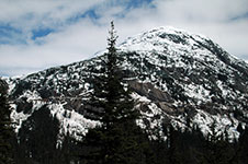 A snow-covered mountain peak surrounded by evergreen trees under a cloudy sky.