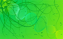 An abstract green background with swirling black lines and shapes.