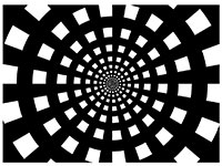 A black background with white squares forming a spiral pattern that creates an optical illusion.