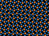 A repeating pattern of orange, red, and blue circles on a black background.