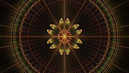 A digital flower with yellow and green petals on a dark background with radial patterns