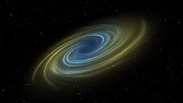 A galaxy with a blue center and yellow outer rings