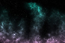 A cosmic nebula with purple and teal gas clouds and numerous stars.