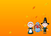 Cartoon characters dressed as pilgrims and a turkey on an orange background